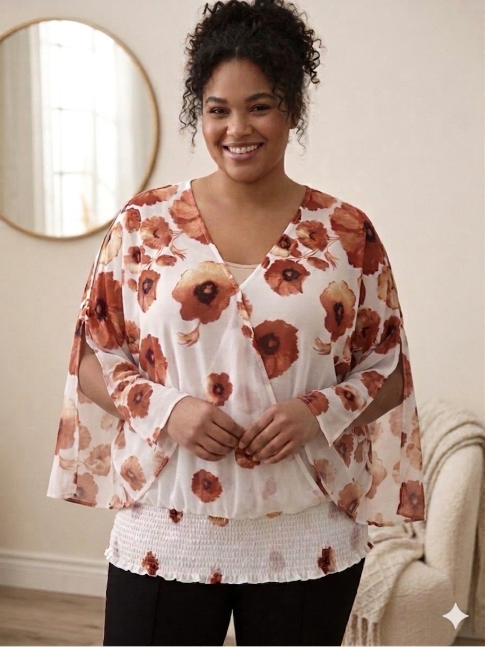 Elegant Floral V-Neck Blouse in Orange and Cream